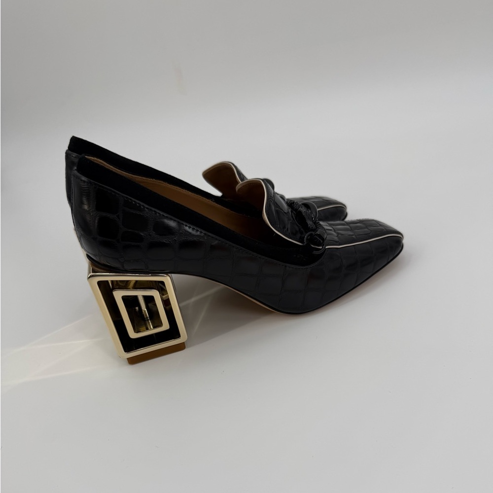 Tory Burch Jessa Black Croc Texture Square Toe Loafers Gold Architectural Heel - Picture 5 of 17